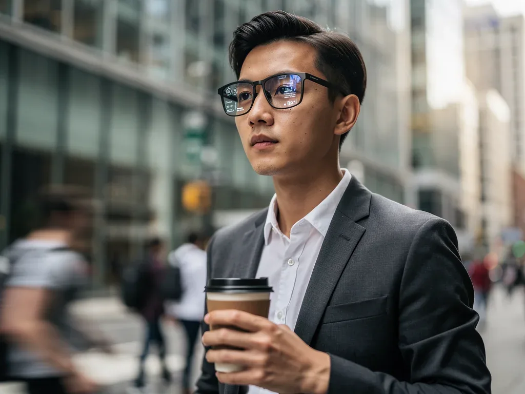 Person wearing lightweight smart glasses in daily life