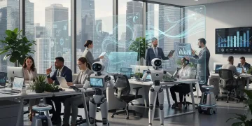 Autonomous AI agents collaborating with human workers in a modern American office setting.